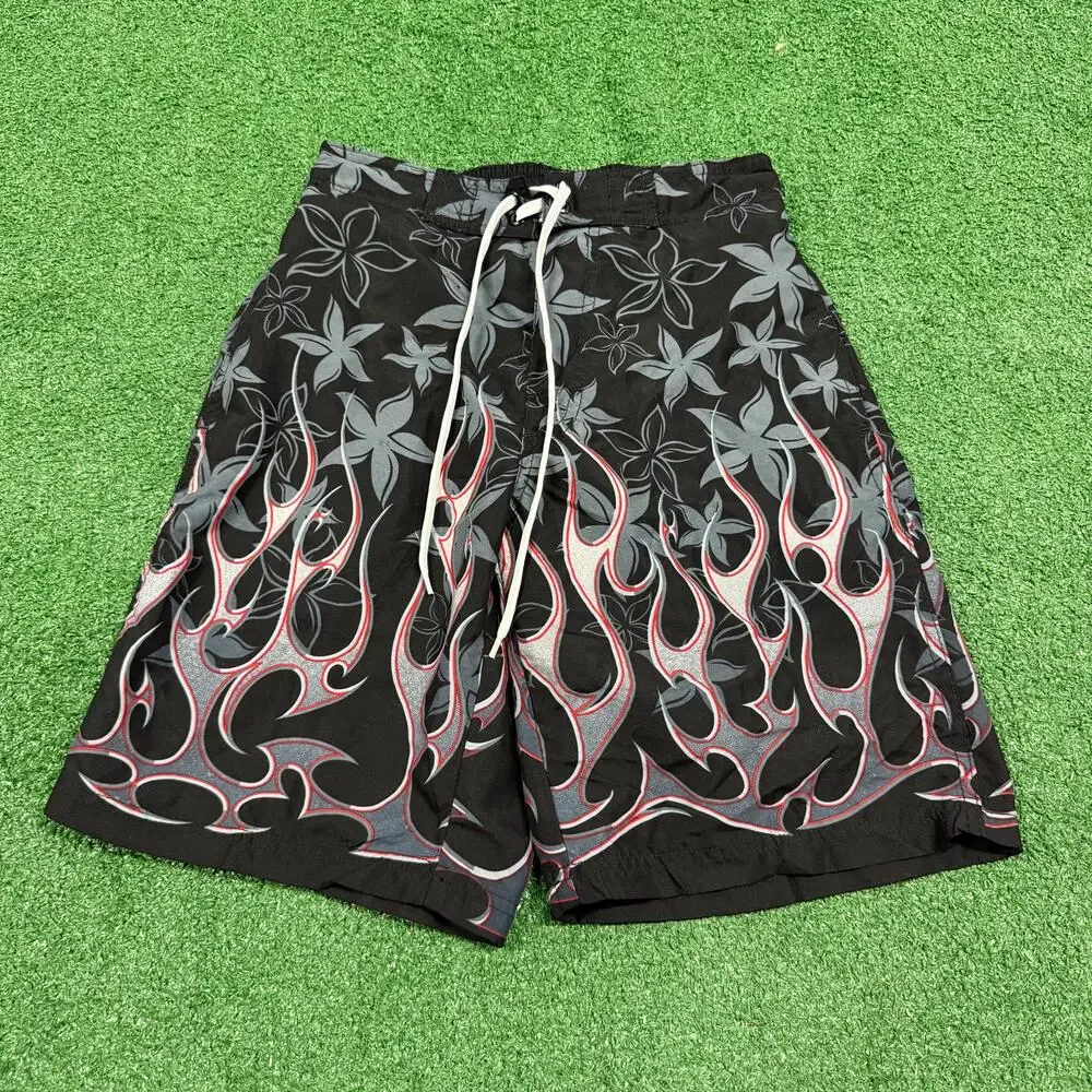 J Khaki Y2K Flame Tribal Board Shorts Black Gray Red Surf Skate Swim Shorts